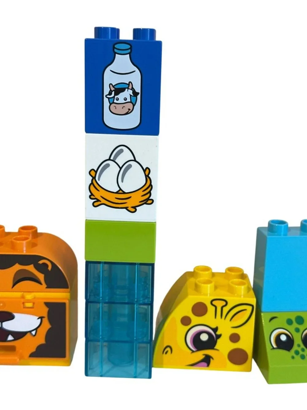 LEGO Duplo Lot Clear Blue Pieces Picture Blocks Animals Barn Door Oranges Etc.